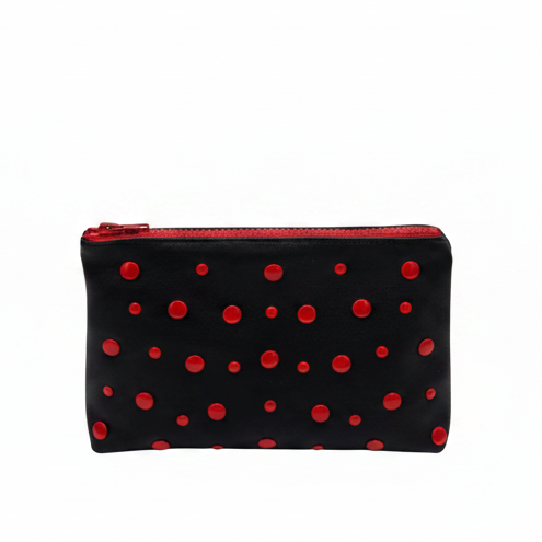 BLACK COTTON ZIP POUCH RED DOTS
